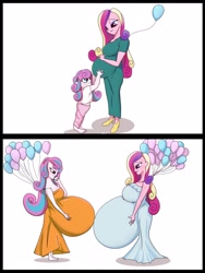 Size: 1620x2160 | Tagged: safe, artist:rafhedecat, princess cadance, princess flurry heart, human, equestria girls, g4, adult, age progression, balloon, belly, big belly, breasts, clothes, comic, dress, female, hand on belly, hyper, hyper belly, hyper pregnancy, impossibly large belly, mother and child, mother and daughter, older, older flurry heart, pregdance, pregnant, pregnant equestria girls, toddler