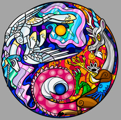 Size: 600x594 | Tagged: safe, artist:kabukihomewood, discord, princess celestia, alicorn, draconequus, pony, g4, duo, female, looking at you, mare, open mouth, smiling, stained glass, sun, t shirt design, yin-yang