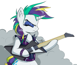 Size: 2652x2262 | Tagged: safe, artist:danli69, rarity, pony, unicorn, g4, it isn't the mane thing about you, alternate hairstyle, bracelet, dyed mane, female, guitar, guitarity, high res, jewelry, makeup, mare, musical instrument, punk, raripunk, simple background, smoke, smoke bomb, solo, transparent background