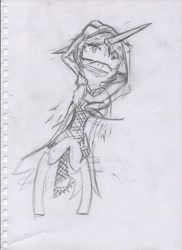 Size: 2550x3510 | Tagged: safe, artist:shardtwo, raven, pony, g4, guilty gear, guilty gear xrd, high res, pencil drawing, pleasure, ponified, tail wrap, traditional art