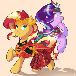 Size: 1400x1400 | Tagged: safe, artist:mewy101, starlight glimmer, sunset shimmer, pony, unicorn, g4, clothes, crown, cute, dagger, duo, female, glimmerbetes, headband, indonesia, jewelry, mare, regalia, shimmerbetes, weapon