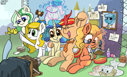 Size: 2692x1644 | Tagged: safe, artist:holp, oc, oc only, oc:brightdawn, oc:cath, oc:kyrin song, oc:succulant holp, camera, canterlot, chaos, chinese, doodle, grass, group photo, paper, photo