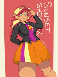 Size: 1536x2048 | Tagged: safe, artist:darkdoubloon, sunset shimmer, human, equestria girls, g4, breasts, busty sunset shimmer, clothes, female, human coloration, humanized, jacket, looking at you, skirt, solo