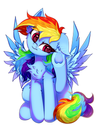 Size: 3139x3955 | Tagged: safe, artist:mite-lime, rainbow dash, pegasus, pony, g4, behaving like a dog, chest fluff, cute, dashabetes, ear fluff, ear scratch, eye clipping through hair, female, floppy ears, high res, mare, one ear down, scratching, simple background, sitting, solo, spread wings, transparent background, underhoof, wings