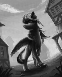 Size: 1380x1721 | Tagged: safe, artist:nemo2d, rainbow dash, pegasus, pony, fanfic:salvation, g4, fanfic art, female, grayscale, long mane, mare, monochrome, ponyville, solo, spread wings, windswept mane, wings