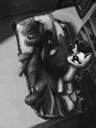 Size: 1380x1849 | Tagged: safe, artist:nemo2d, rainbow dash, rarity, pegasus, pony, unicorn, fanfic:salvation, g4, eyes closed, fainting couch, fanfic art, female, from above, grayscale, lesbian, mare, monochrome, pillow, prone, ship:raridash, shipping, sleeping