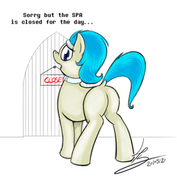 Size: 800x800 | Tagged: safe, artist:hardlugia, oc, oc only, oc:castel, earth pony, pony, androgynous, androgynous male, butt, closed, collar, dock, female, headband, looking back, mare, plot, solo, text