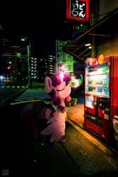 Size: 2000x2988 | Tagged: safe, artist:luxaestas, twilight sparkle, alicorn, pony, g4, city, clothes, digital art, drinking, eyes closed, female, high res, irl, japan, japanese, mare, photo, ponies in real life, sailor uniform, school uniform, soda can, solo, twilight sparkle (alicorn), uniform, vending machine