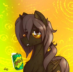 Size: 1780x1760 | Tagged: safe, artist:chebypattern, oc, oc only, oc:chebypattern, alicorn, pony, abstract background, alicorn oc, horn, male, smiling, soda can, solo, stallion, sunglasses, sweat, wings