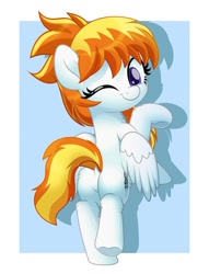 Size: 800x1047 | Tagged: safe, artist:jhayarr23, oc, oc only, oc:light speed, oc:lightspeed, pegasus, pony, bipedal, butt, dock, female, looking at you, looking back, looking back at you, looking over shoulder, mare, one eye closed, plot, solo, wink