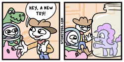 Size: 1000x500 | Tagged: safe, artist:stonetoss, pinkie pie, earth pony, pony, g4, bondage, buzz lightyear, comic, female, jar, lewd container meme, male, mare, stonetoss, this will end in tears, toy, toy story, woody