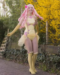 Size: 999x1250 | Tagged: safe, artist:raspbearyart, artist:sweetmaracosplay, fluttershy, human, g4, clothes, cosplay, costume, evening gloves, gloves, irl, irl human, leotard, long gloves, photo, smiling, smiling at you