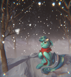 Size: 2000x2160 | Tagged: safe, artist:gelei, artist:mirroredsea, lyra heartstrings, pony, unicorn, g4, 3d, 3d model, blender, chromatic aberration, clothes, female, forest, high res, mare, night, render, scarf, sitting, snow, snowfall, snowflake, solo, tree, winter