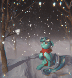 Size: 600x648 | Tagged: safe, artist:gelei, artist:mirroredsea, lyra heartstrings, pony, unicorn, g4, 3d, absurd file size, animated, chromatic aberration, clothes, female, forest, gif, mare, night, scarf, sitting, snow, snowfall, solo, tree, turnaround, winter