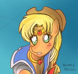 Size: 1560x1490 | Tagged: safe, artist:peichenphilip, applejack, earth pony, pony, g4, clothes, cosplay, costume, crossover, female, mare, sailor moon, sailor moon (series), sailor moon redraw meme, solo, tsukino usagi