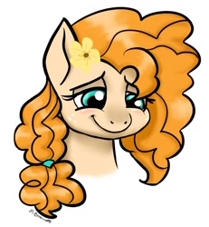 Size: 904x979 | Tagged: safe, artist:caulfieldsprice, pear butter, earth pony, pony, g4, the perfect pear, blushing, buttercup, female, flower, freckles, mare, solo
