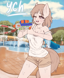 Size: 2565x3092 | Tagged: safe, artist:mintjuice, anthro, advertisement, breasts, clothes, commission, female, fight, high res, looking at each other, mare, shorts, smiling, watergun, wet clothes, wet shirt, your character here