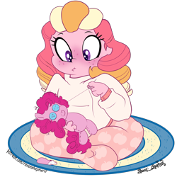 Size: 1280x1280 | Tagged: safe, artist:raven-shepherd, pinkie pie, oc, oc only, oc:honeycrisp blossom, equestria girls, g4, button eyes, doll, female, freckles, offspring, parent:big macintosh, parent:princess cadance, parents:cadmac, sewing, sewing needle, simple background, sitting, solo, thread, toy, transparent background