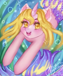 Size: 1800x2160 | Tagged: safe, artist:monyachan, mermaid, pony, unicorn, bubble, cute, mermaid tail, mermay, sparkles, swimming, underwater