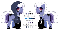 Size: 3736x1913 | Tagged: safe, artist:calibykitty, oc, oc only, oc:inky depths, pegasus, pony, chain necklace, clothes, eyeshadow, hoodie, ink, makeup, multicolored hair, muticolored tail, reference sheet, simple background, solo, transparent background