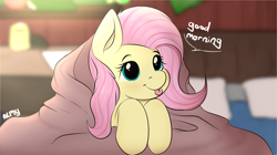 Size: 10326x5775 | Tagged: safe, artist:suchalmy, fluttershy, pegasus, pony, g4, :p, absurd resolution, blanket, blankie, blushing, bust, cute, dialogue, female, good morning, indoors, mlem, room, shyabetes, silly, smiling, solo, tongue out, weapons-grade cute