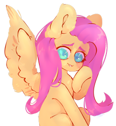 Size: 1280x1400 | Tagged: safe, artist:towayachan, fluttershy, pegasus, pony, g4, colored pupils, cute, ear fluff, female, looking at you, mare, missing cutie mark, raised hoof, shyabetes, simple background, sitting, smiling, solo, spread wings, transparent background, wings