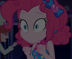 Size: 1306x1080 | Tagged: safe, screencap, pinkie pie, equestria girls, equestria girls specials, g4, my little pony equestria girls: better together, my little pony equestria girls: spring breakdown, bow, choker, clothes, cropped, cruise, cruise outfit, cruise ship, curly hair, cute, dark, dark background, diapinkes, dress, female, geode of sugar bombs, hair bow, heart, jewelry, magical geodes, raised eyebrows, scheming, sleeveless, sleeveless dress, spring break, wide eyes, yacht