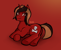 Size: 1506x1246 | Tagged: safe, artist:sb66, pony, unicorn, all time low, butt, commission, crossed hooves, dyed mane, dyed tail, gradient background, hair over one eye, horn, jack barakat, looking at you, male, on side, plot, ponified, signature, smiling, smirk, solo, stallion, underhoof, ych result