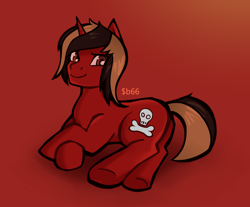 Size: 1506x1246 | Tagged: safe, anonymous artist, pony, unicorn, all time low, butt, commission, crossed hooves, dyed mane, dyed tail, gradient background, hair over one eye, horn, jack barakat, looking at you, male, on side, plot, ponified, signature, smiling, smirk, solo, stallion, underhoof, ych result