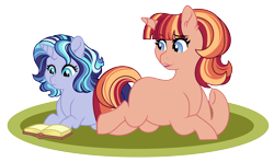 Size: 2548x1512 | Tagged: safe, artist:rosebuddity, oc, oc only, oc:dawn, oc:stella, pony, unicorn, book, female, filly, magical lesbian spawn, mare, offspring, parent:sunset shimmer, parent:twilight sparkle, parents:sunsetsparkle, prone, reading, siblings, simple background, sisters, transparent background