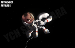 Size: 2800x1800 | Tagged: safe, artist:shido-tara, astronaut, dark background, flying, helmet, smiling, space, spacesuit, ych example, your character here