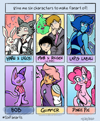 Size: 2914x3520 | Tagged: safe, artist:toon-o-clock, pinkie pie, cat, earth pony, gem (race), ghost, human, pony, rabbit, undead, wolf, anthro, g4, :p, animal, animal crossing, anthro with ponies, artificial wings, augmented, beastars, bob, bust, crossover, female, glimmer (she-ra), haru (beastars), high res, hydrokinesis, lapis lazuli (steven universe), legosi (beastars), magic, magic wings, male, mare, mob psycho 100, necktie, open mouth, reigen arataka, she-ra and the princesses of power, six fanarts, smiling, smug, steven universe, thinking, tongue out, water, wings