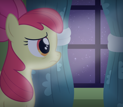 Size: 3150x2750 | Tagged: safe, artist:devfield, apple bloom, earth pony, pony, g4, bow, curtains, female, filly, glowing, high res, moonlight, night, sad, show accurate, solo, stars, sweet apple acres, tired, vignette, window, wrinkles