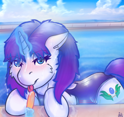 Size: 3428x3246 | Tagged: safe, artist:legionsunite, oc, oc only, oc:magenta pulse, pony, unicorn, adorasexy, beach view, bedroom eyes, blushing, clothes, cute, female, food, high res, licking, magic, mare, one-piece swimsuit, open-back swimsuit, popsicle, sexy, solo, swimming pool, swimsuit, tongue out, water