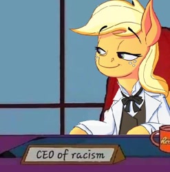 Size: 403x408 | Tagged: safe, artist:anontheanon, edit, applejack, earth pony, pony, g4, applejack's plantation, desk, female, hatless, mare, missing accessory, racism, reese's, solo