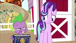 Size: 704x396 | Tagged: safe, edit, edited screencap, hundreds of users filter this tag, screencap, spike, starlight glimmer, dragon, pony, unicorn, g4, harvesting memories, spoiler:harvesting memories, bedroom eyes, blowing a kiss, female, fire, fire breath, flirting, heart, lips, male, ship:sparlight, shipping, shipping fuel, smiling, straight