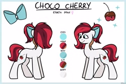 Size: 3000x2000 | Tagged: safe, artist:jellysketch, oc, oc only, oc:choco cherry, earth pony, pony, bow, cherry, food, high res, reference sheet, simple background, solo