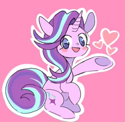 Size: 1155x1134 | Tagged: safe, artist:10uhh, starlight glimmer, pony, unicorn, g4, cute, female, glimmerbetes, heart, looking at you, mare, no pupils, open mouth, pink background, simple background, sitting, solo, white outline