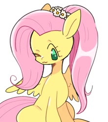 Size: 1011x1144 | Tagged: safe, artist:10uhh, fluttershy, pegasus, pony, g4, :3, alternate hairstyle, cute, female, flower, flower in hair, mare, no pupils, one eye closed, ponytail, shyabetes, simple background, sitting, solo, white background, wink