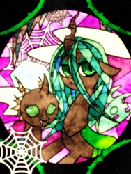 Size: 768x1024 | Tagged: safe, artist:tomizawa96, queen chrysalis, changeling, changeling queen, g4, female, spider web, stained glass, vine