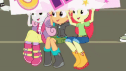 Size: 1200x676 | Tagged: safe, screencap, apple bloom, rainbow dash, scootaloo, sweetie belle, equestria girls, g4, my little pony equestria girls: choose your own ending, sock it to me, sock it to me: bulk biceps, 2010s, 2019, animated, apple bloom's bow, bad smell, baffled, boots, bow, cheering, clothes, cutie mark crusaders, disgusted, female, foot odor, gif, hair bow, hoodie, jacket, jeans, looking at something, offended, pants, shirt, shoes, shorts, sitting, skirt, smelly, smelly sock, smelly socks, surprised, yellow skin