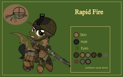 Size: 4999x3134 | Tagged: safe, artist:n0kkun, oc, oc only, oc:rapid fire (ice1517), bat pony, pony, american flag, armor, assault rifle, bat pony oc, bat wings, belt, boots, camouflage, clothes, commission, dirt, face paint, female, flag, flying, gloves, green background, gritted teeth, gun, handgun, helmet, holster, mare, mud, pants, pistol, pouch, reference sheet, rifle, shoes, simple background, solo, weapon, wings
