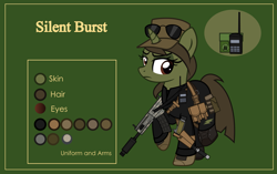 Size: 3999x2507 | Tagged: safe, artist:n0kkun, oc, oc only, oc:silent burst, pony, unicorn, belt, boots, clothes, commission, female, gloves, green background, gun, handgun, hat, high res, holster, jacket, m1911, mare, pants, pistol, pouch, radio, raised hoof, raised leg, reference sheet, shirt, shoes, shotgun, simple background, solo, sunglasses, torn clothes, weapon