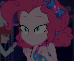 Size: 1311x1080 | Tagged: safe, screencap, pinkie pie, equestria girls, equestria girls specials, g4, my little pony equestria girls: better together, my little pony equestria girls: spring breakdown, bow, choker, clothes, cropped, cruise, cruise outfit, cruise ship, curly hair, cute, dark, dark background, diapinkes, dress, female, geode of sugar bombs, hair bow, heart, jewelry, lidded eyes, magical geodes, raised eyebrows, sleeveless, sleeveless dress, solo focus, spring break, yacht