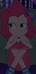 Size: 512x1060 | Tagged: safe, screencap, pinkie pie, equestria girls, equestria girls specials, g4, my little pony equestria girls: better together, my little pony equestria girls: spring breakdown, ankles, annoyed, bow, choker, clothes, cropped, cruise, cruise outfit, cruise ship, curly hair, cute, dark, dark background, diapinkes, dress, female, geode of sugar bombs, hair bow, hiding, jewelry, looking up, magical geodes, sandals, skirt, sleeveless, sleeveless dress, solo, spring break, table, yacht
