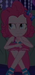 Size: 510x1077 | Tagged: safe, screencap, pinkie pie, equestria girls, equestria girls series, g4, spring breakdown, annoyed, bow, choker, clothes, cropped, cruise, cruise outfit, cruise ship, curly hair, cute, dark, dark background, diapinkes, dress, female, geode of sugar bombs, hair bow, jewelry, looking up, magical geodes, sandals, sitting, skirt, sleeveless, sleeveless dress, solo, spring break, table, yacht