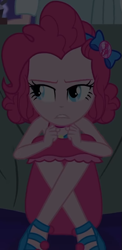 Size: 513x1053 | Tagged: safe, screencap, pinkie pie, equestria girls, equestria girls series, g4, spring breakdown, ankles, bow, choker, clothes, cropped, cruise, cruise outfit, cruise ship, curly hair, cute, dark, dark background, diapinkes, dress, female, geode of sugar bombs, hair bow, hiding, jewelry, lidded eyes, looking up, magical geodes, sandals, sitting, skirt, sleeveless, sleeveless dress, solo, spring break, table, talking, yacht