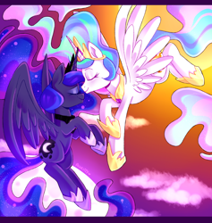 Size: 2000x2109 | Tagged: safe, artist:regkitty, princess celestia, princess luna, alicorn, pony, g4, cloud, crown, cute, cutelestia, duo, eyes closed, female, flying, high res, jewelry, letterboxing, lunabetes, mare, moon, profile, regalia, royal sisters, siblings, sisters, sky, spread wings, sun, wings