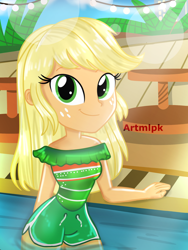 Size: 1536x2048 | Tagged: safe, artist:artmlpk, applejack, equestria girls, g4, adorable face, alternate hairstyle, beautiful, blonde hair, board shorts, city, cityscape, clothes, cute, digital art, female, freckles, green clothes, green eyes, hair, happy, jackabetes, looking at you, outdoors, plant, shorts, side slit, smiling, smiling at you, solo, swimming pool, swimsuit, tables, tomboy, vacation, water