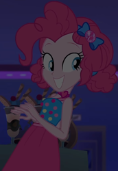 Size: 710x1029 | Tagged: safe, screencap, pinkie pie, equestria girls, equestria girls series, g4, spring breakdown, bow, choker, clothes, cropped, cruise, cruise outfit, cruise ship, curly hair, cute, dark, dark background, dessert, diapinkes, dress, female, geode of sugar bombs, hair bow, heart, jewelry, magical geodes, midriff, skirt, sleeveless, sleeveless dress, smiling, solo, spring break, table, yacht